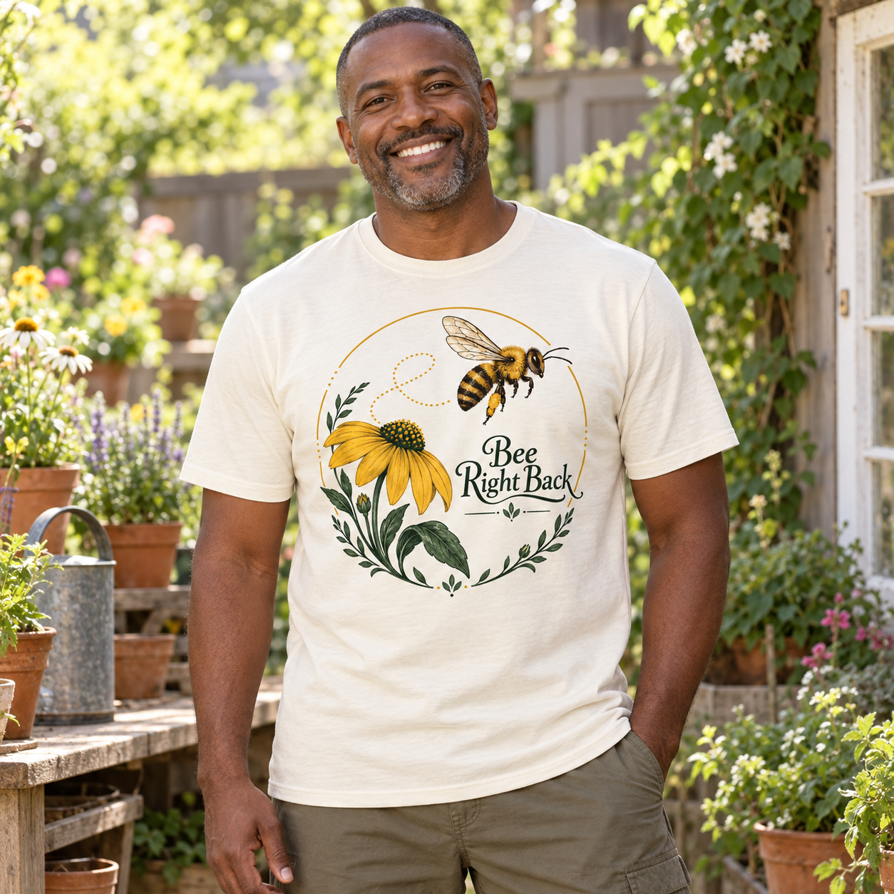AI-generated adult gardener wearing Bee Right Back