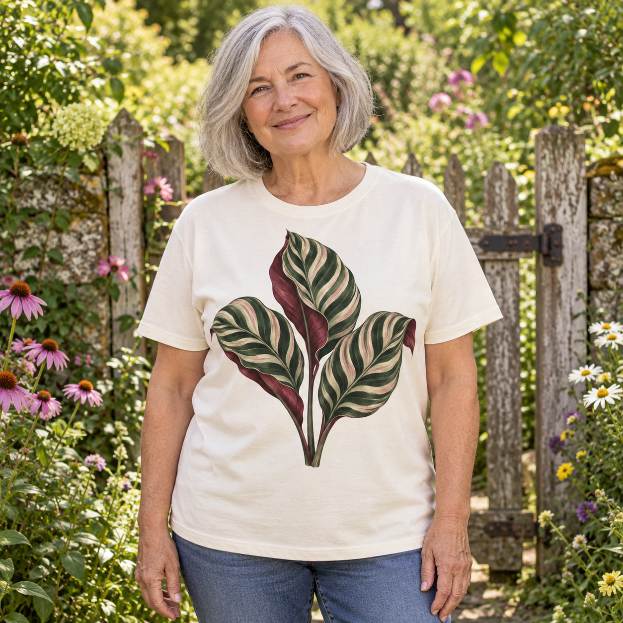 AI-generated adult gardener wearing Calathea Afterglow