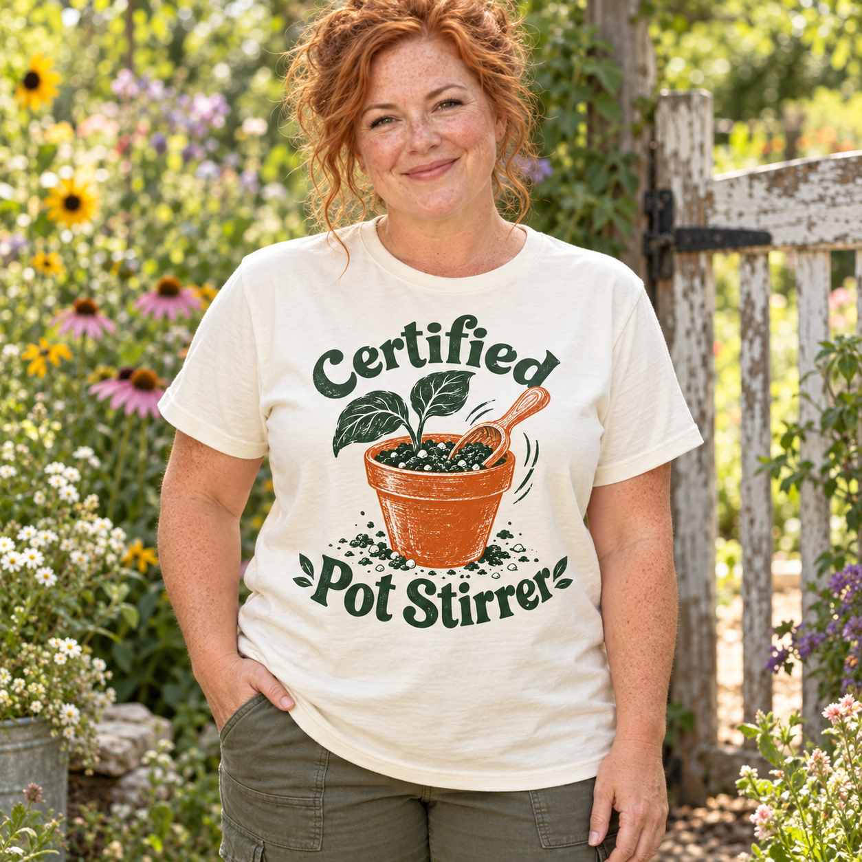 AI-generated adult gardener wearing Certified Pot Stirrer