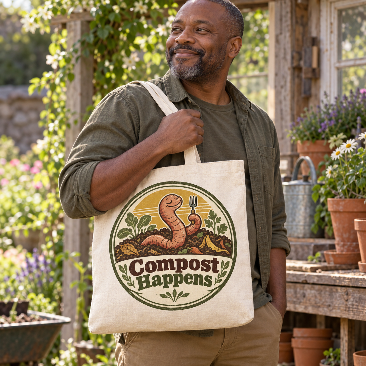 Illustrative AI-generated adult model carrying Compost Happens