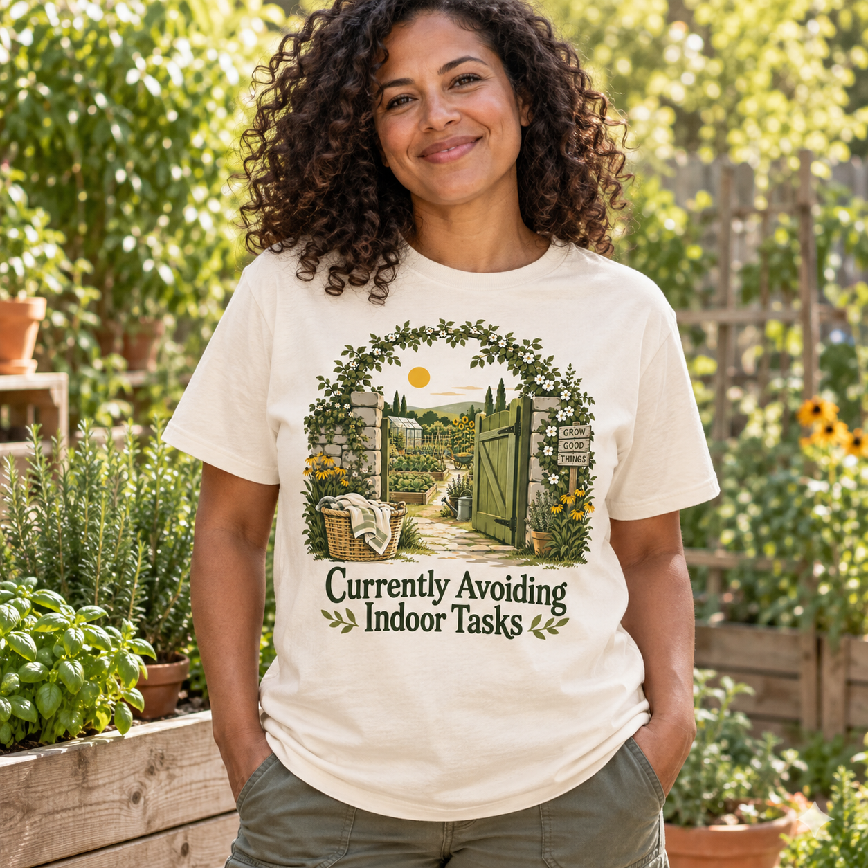 AI-generated adult gardener wearing Currently Avoiding Indoor Tasks