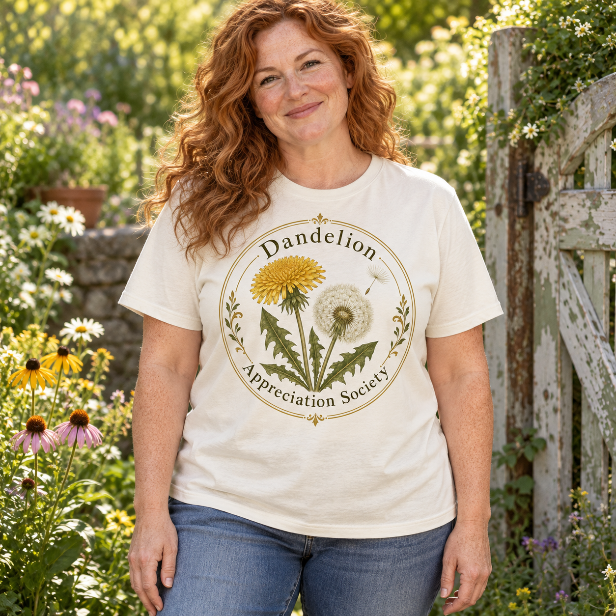 AI-generated adult gardener wearing Dandelion Appreciation Society