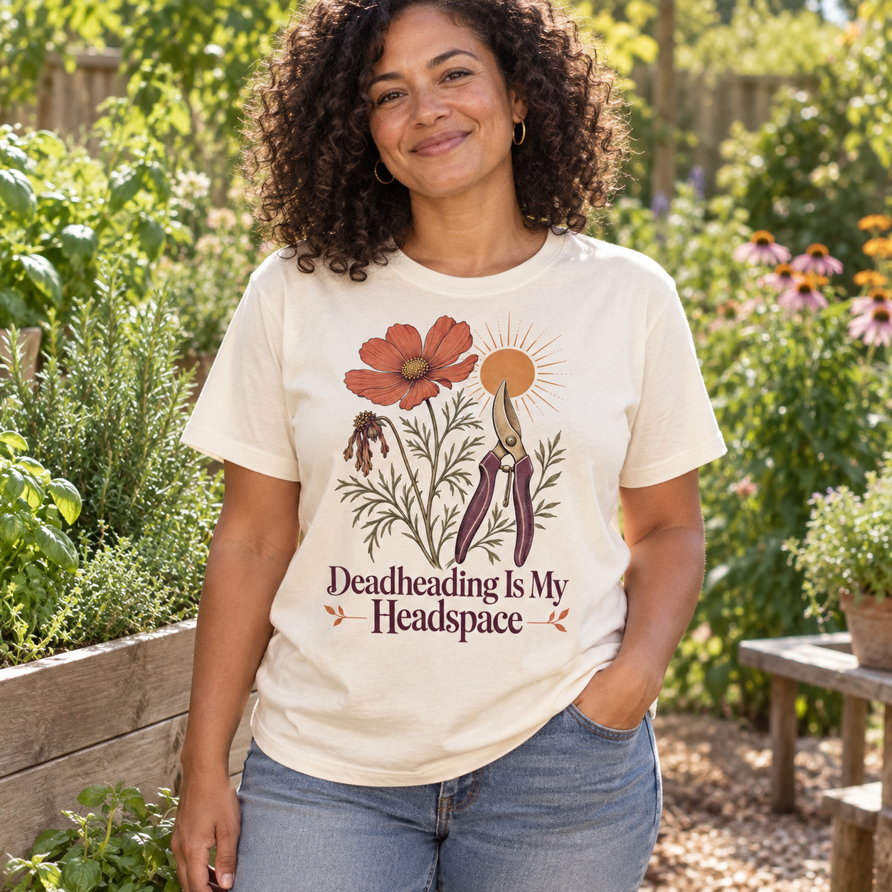 AI-generated adult gardener wearing Deadheading Is My Headspace