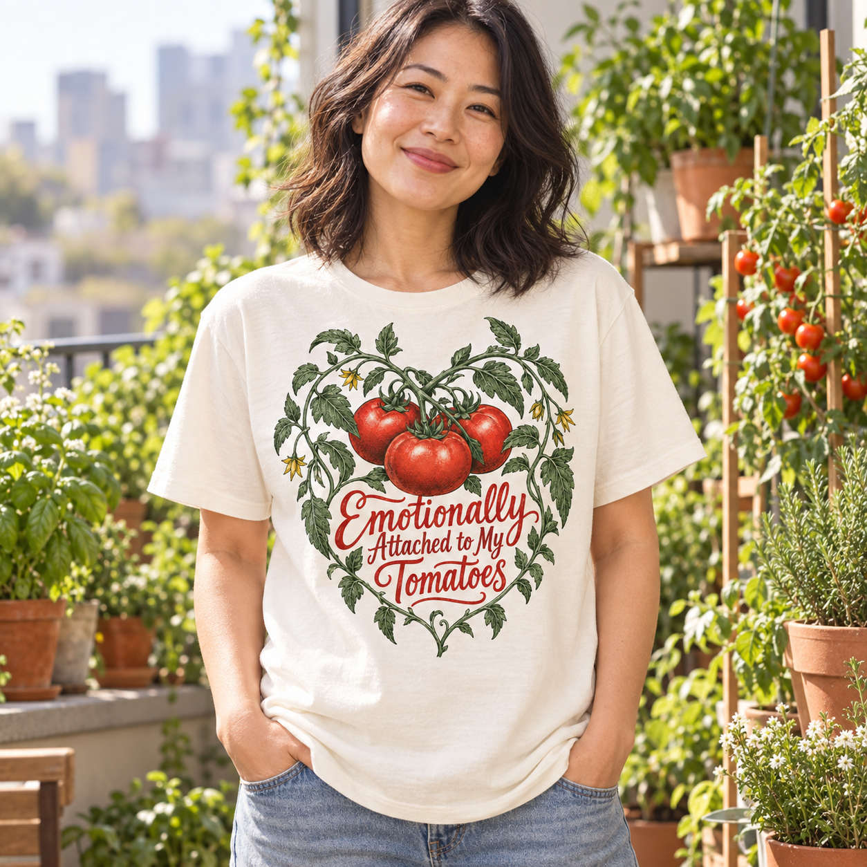 Illustrative AI-generated adult model wearing Emotionally Attached to My Tomatoes