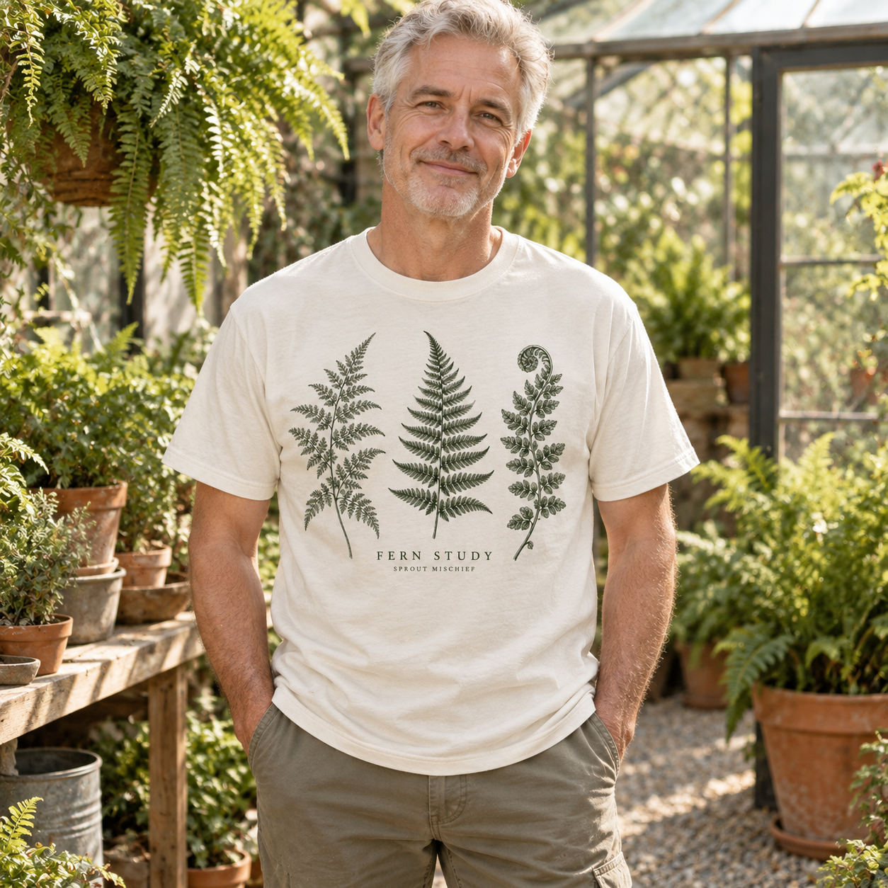 Illustrative AI-generated adult model wearing Fern Study