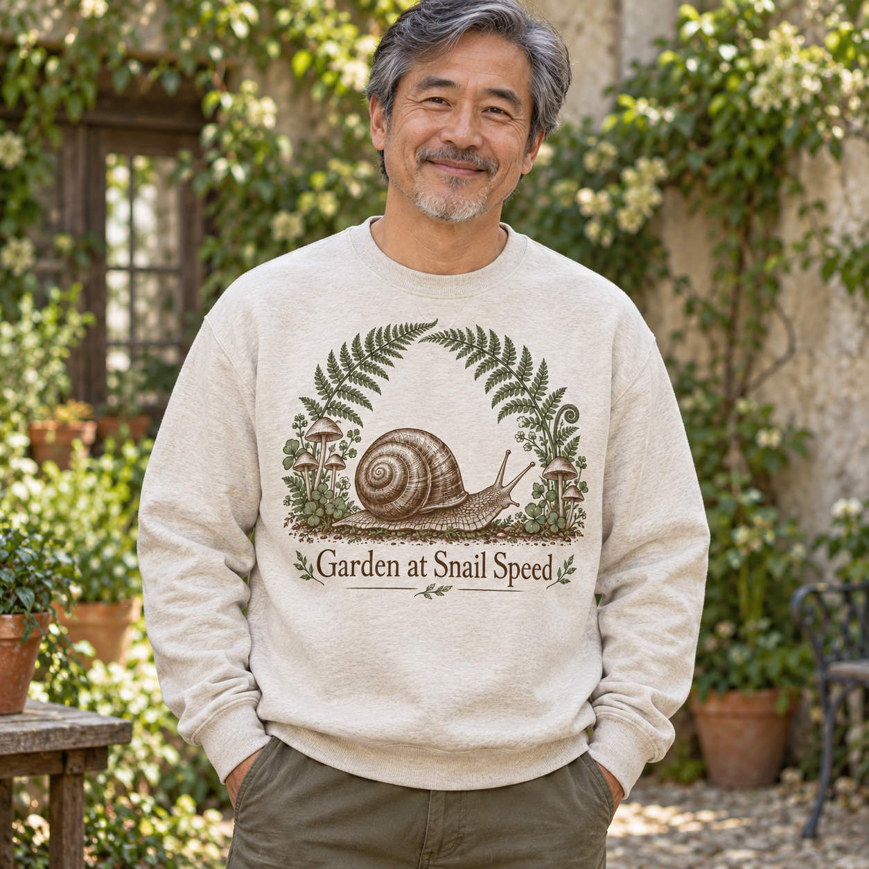 AI-generated adult gardener wearing Garden at Snail Speed