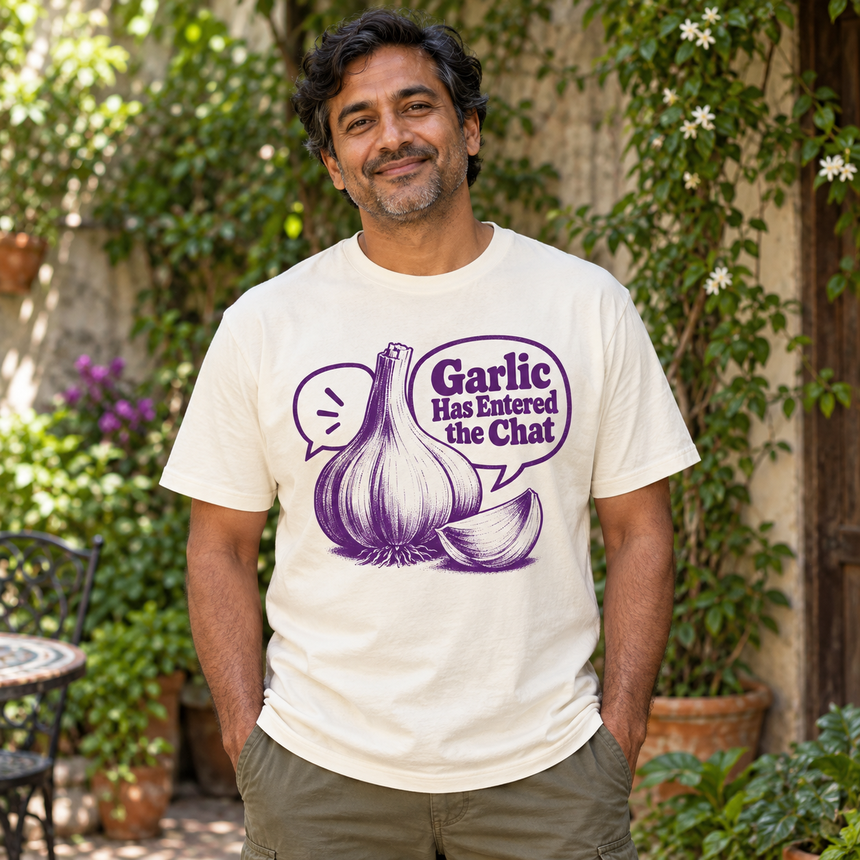 AI-generated adult gardener wearing Garlic Has Entered the Chat
