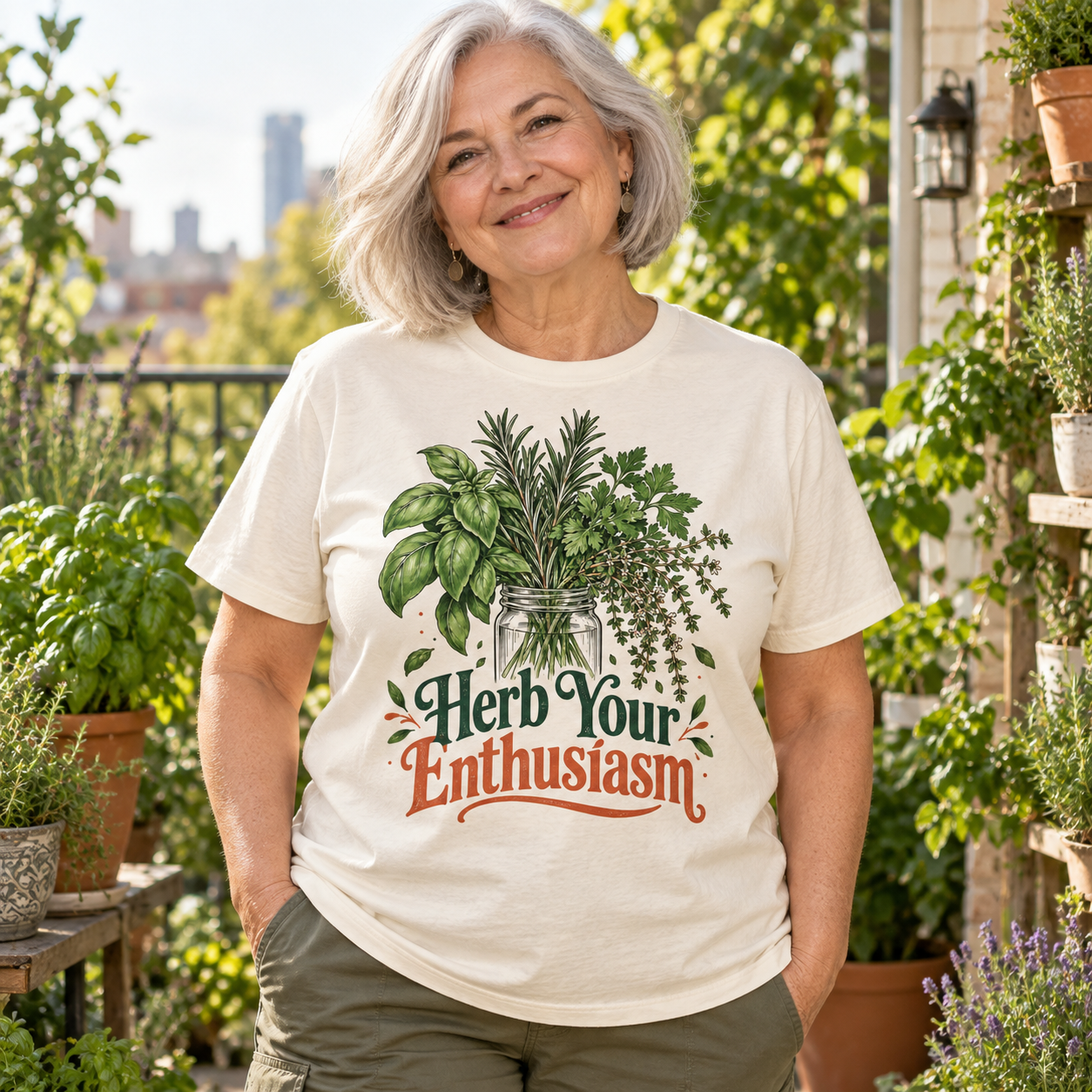 Illustrative AI-generated adult model wearing Herb Your Enthusiasm
