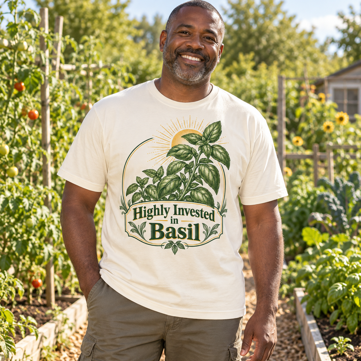 AI-generated adult gardener wearing Highly Invested in Basil