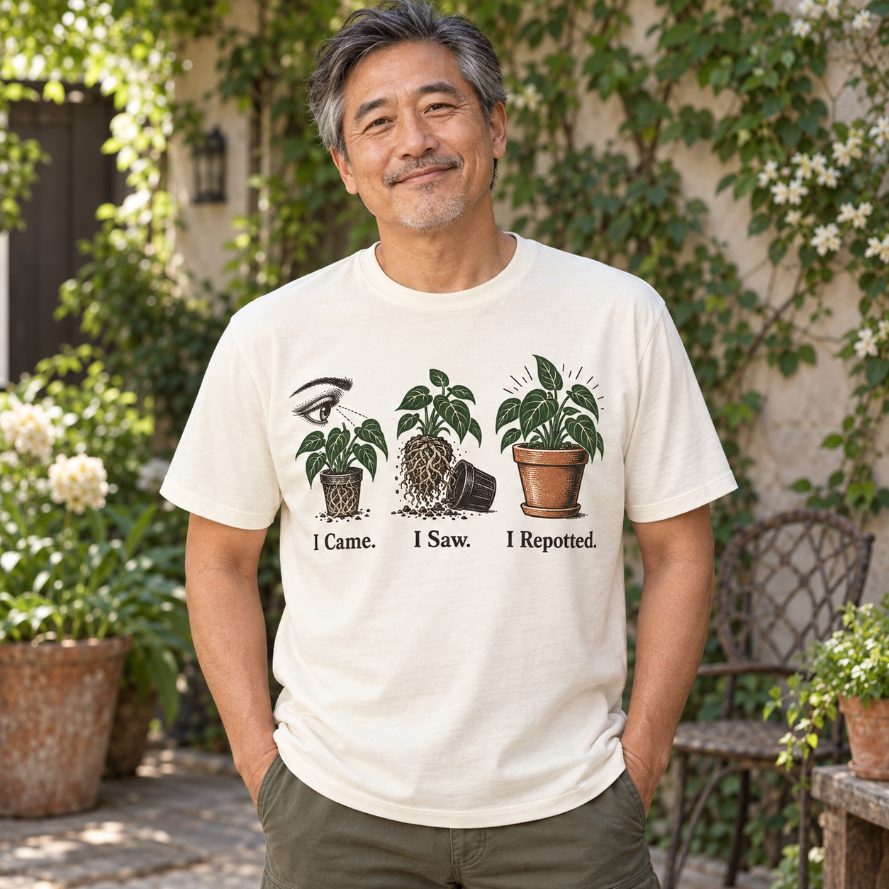 Illustrative AI-generated adult model wearing I Came. I Saw. I Repotted.