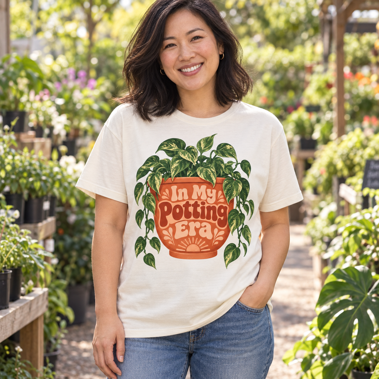AI-generated adult gardener wearing In My Potting Era