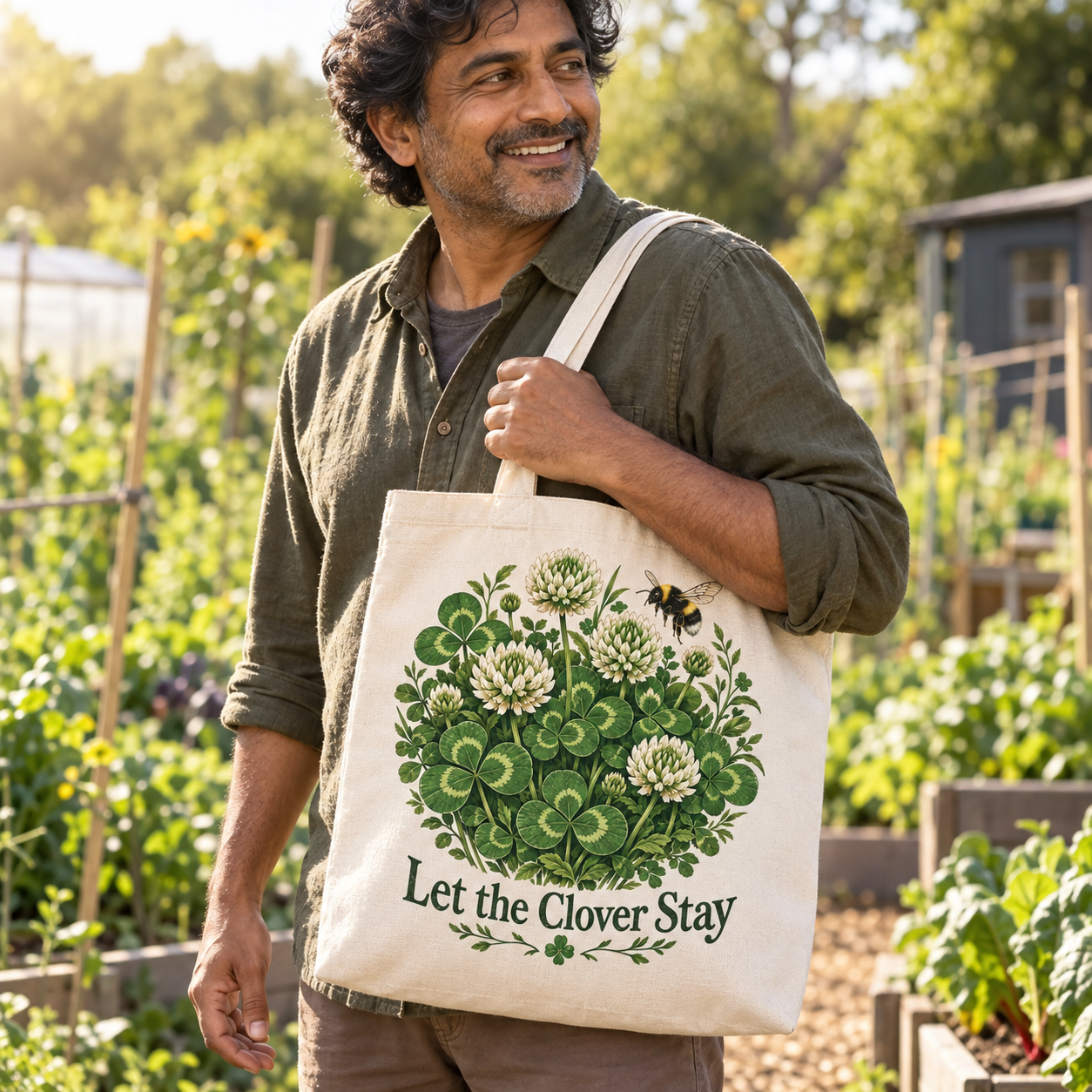 Illustrative AI-generated adult model carrying Let the Clover Stay