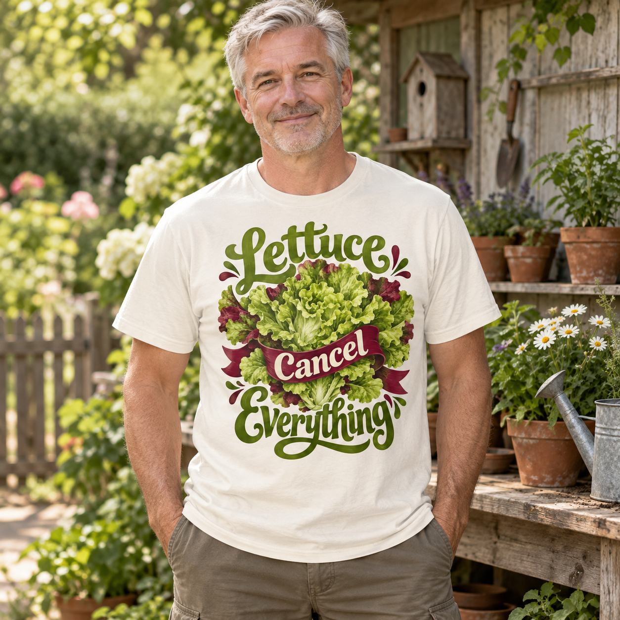 AI-generated adult gardener wearing Lettuce Cancel Everything