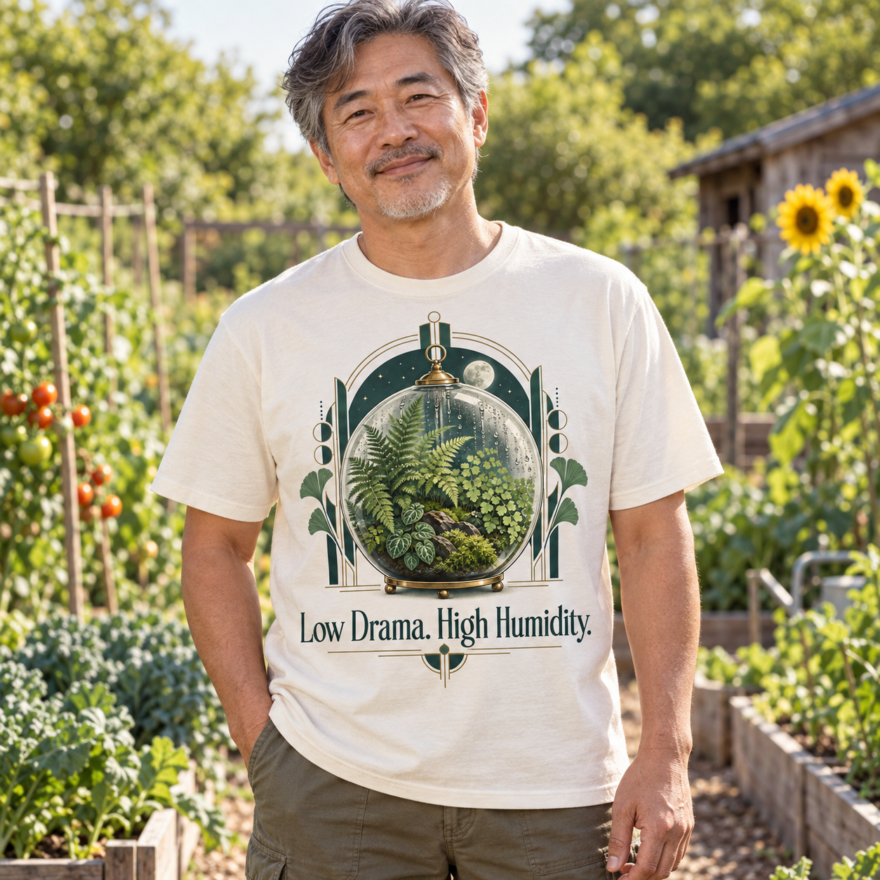 AI-generated adult gardener wearing Low Drama. High Humidity.