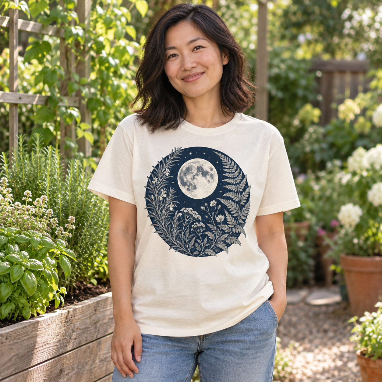 AI-generated adult gardener wearing Lunar Herbarium