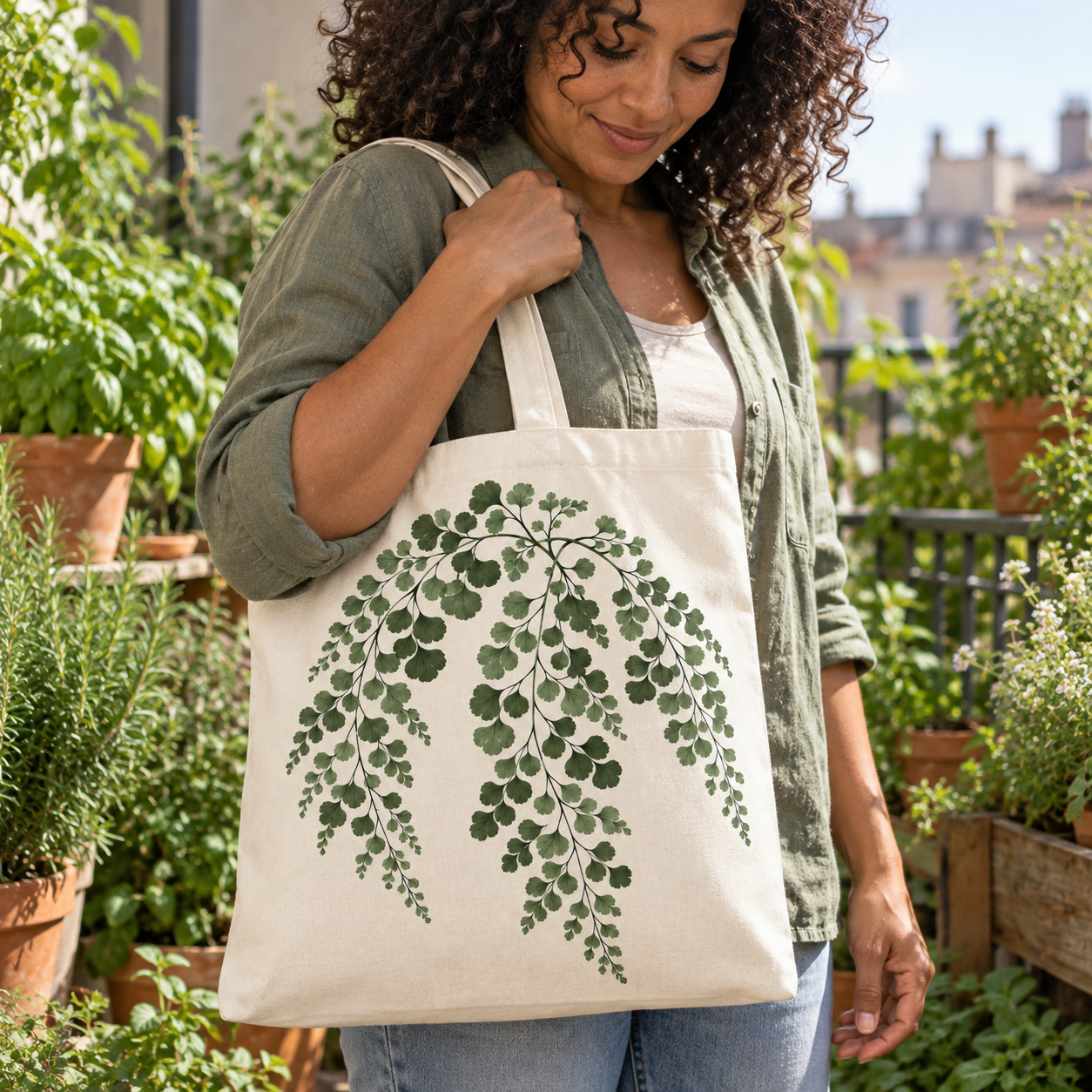 AI-generated adult gardener carrying Maidenhair Rhythm