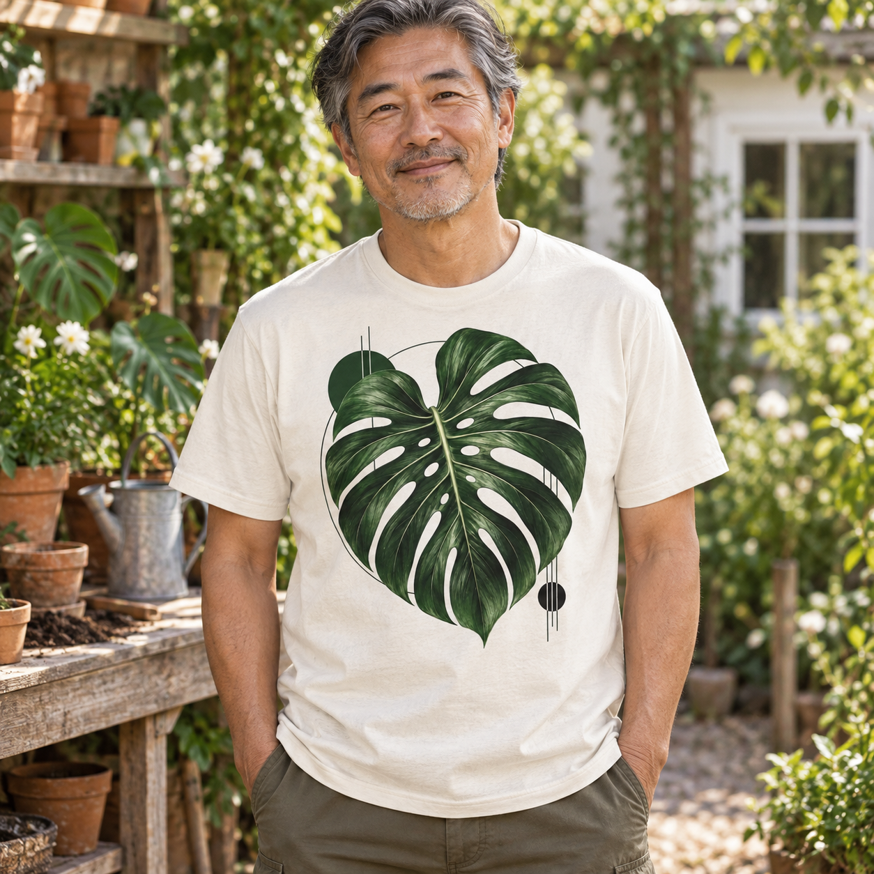 AI-generated adult gardener wearing Monstera Architecture