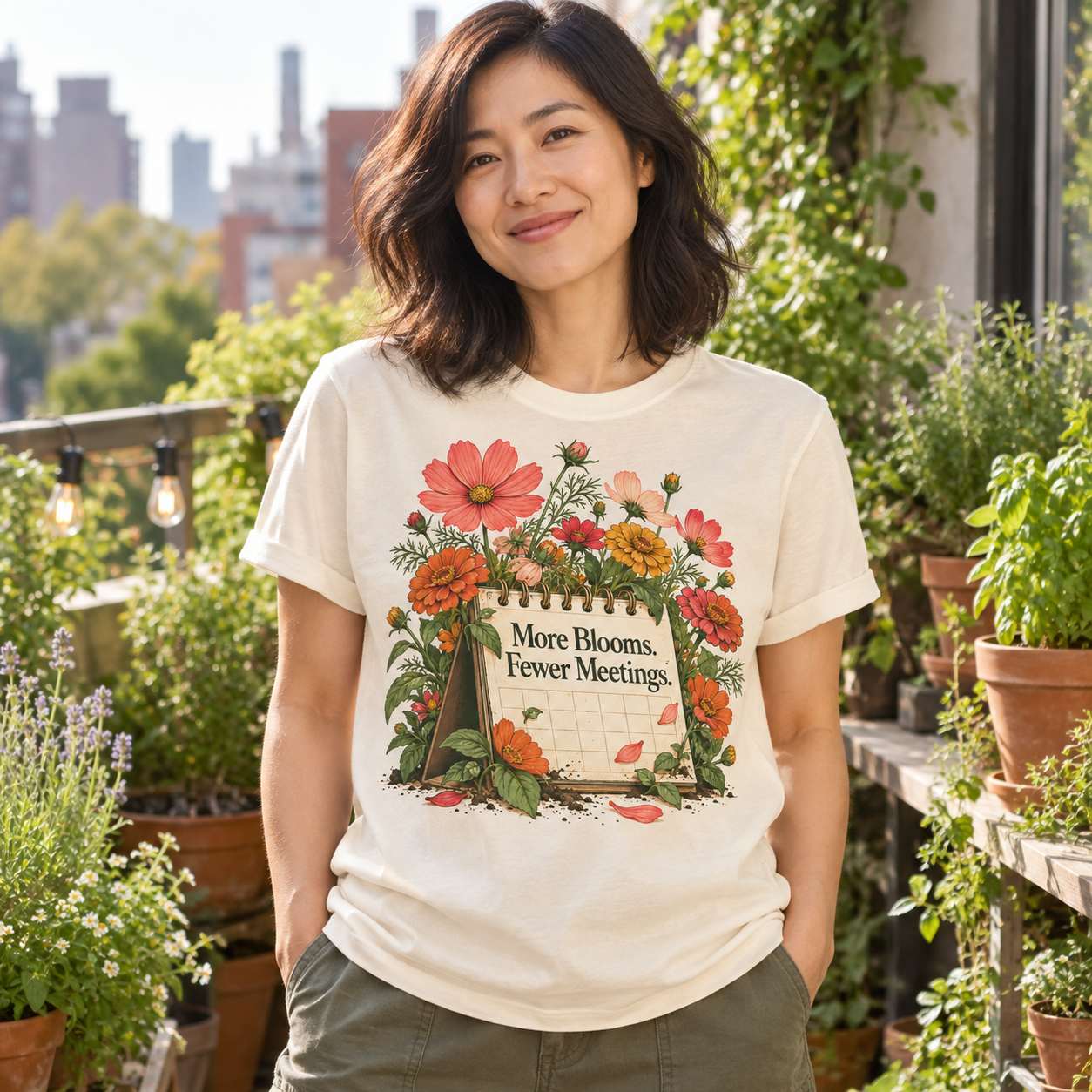 Illustrative AI-generated adult model wearing More Blooms. Fewer Meetings.