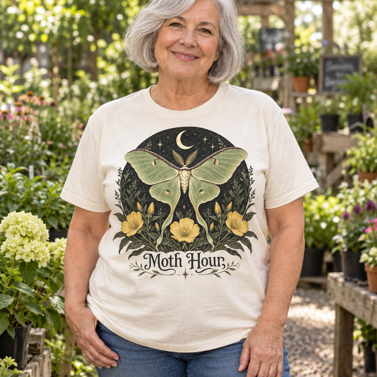 Illustrative AI-generated adult model wearing Moth Hour