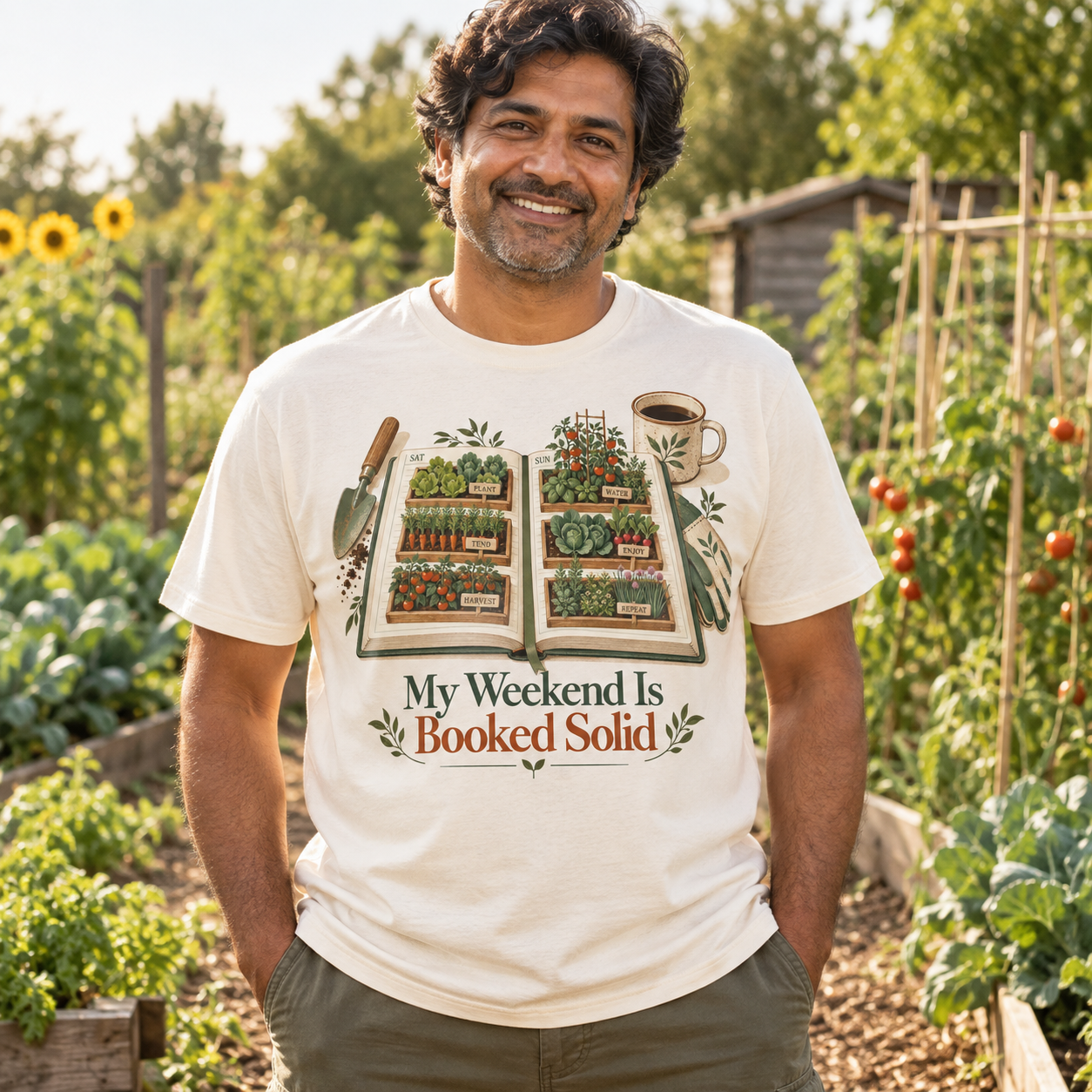 AI-generated adult gardener wearing My Weekend Is Booked Solid