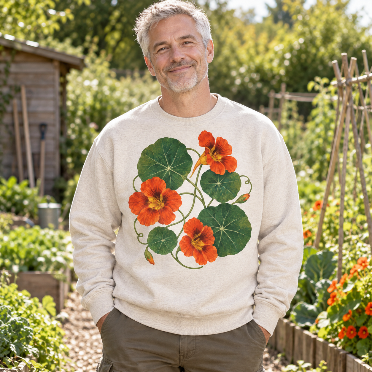 AI-generated adult gardener wearing Nasturtium Orbit