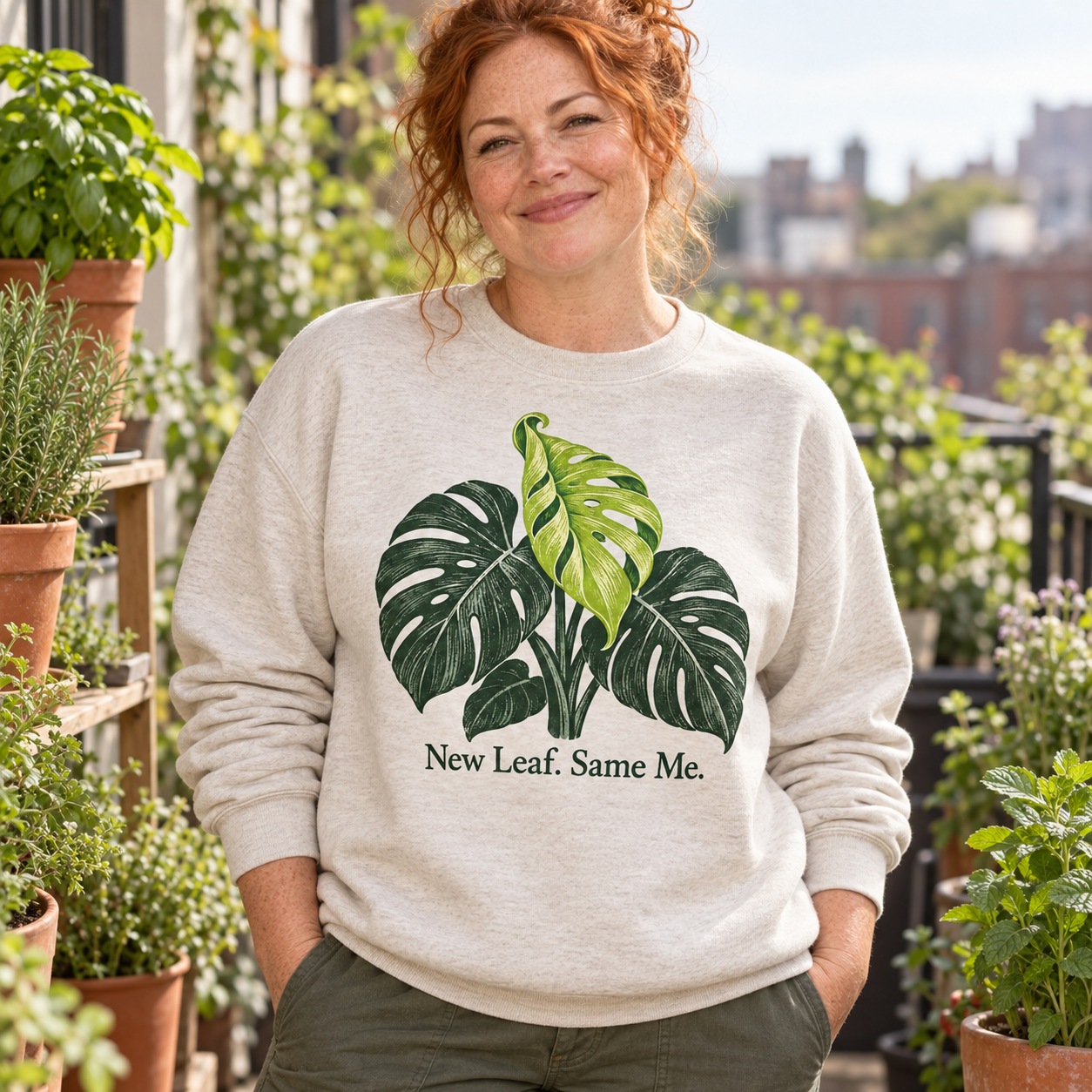 Illustrative AI-generated adult model wearing New Leaf. Same Me.