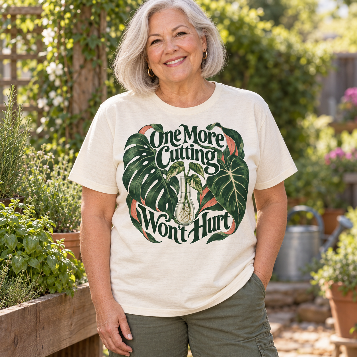 AI-generated adult gardener wearing One More Cutting Won't Hurt