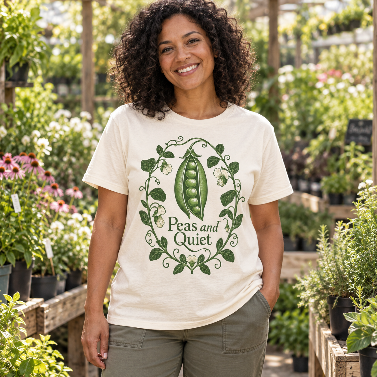 Illustrative AI-generated adult model wearing Peas and Quiet