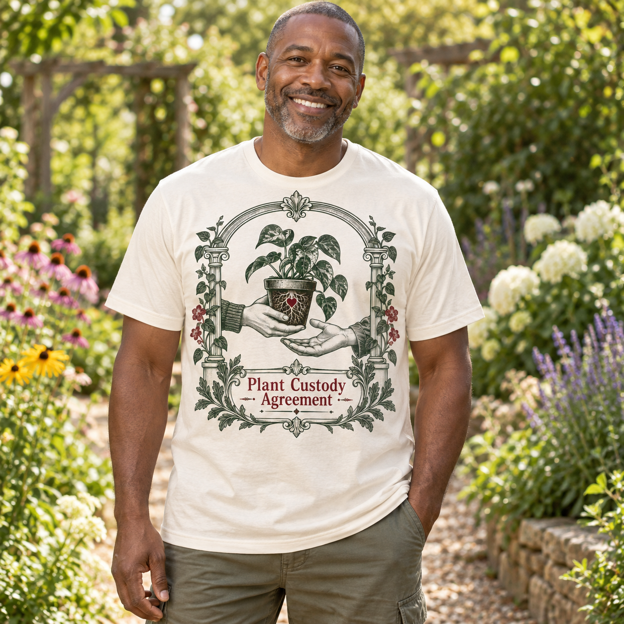 AI-generated adult gardener wearing Plant Custody Agreement