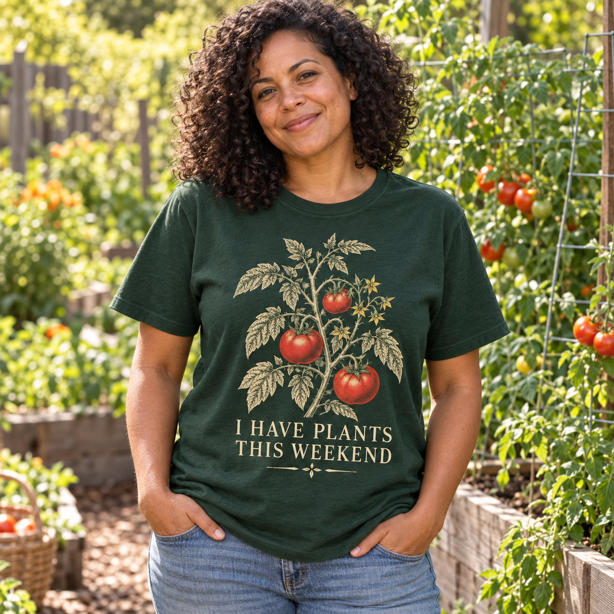 AI-generated adult gardener wearing I Have Plants This Weekend