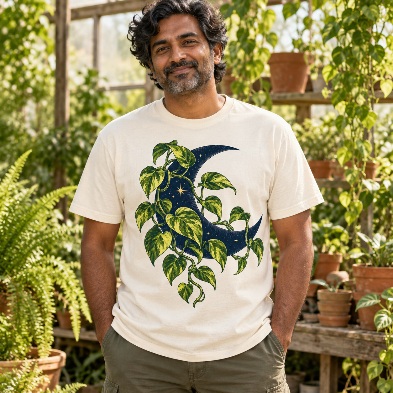 AI-generated adult gardener wearing Pothos After Hours