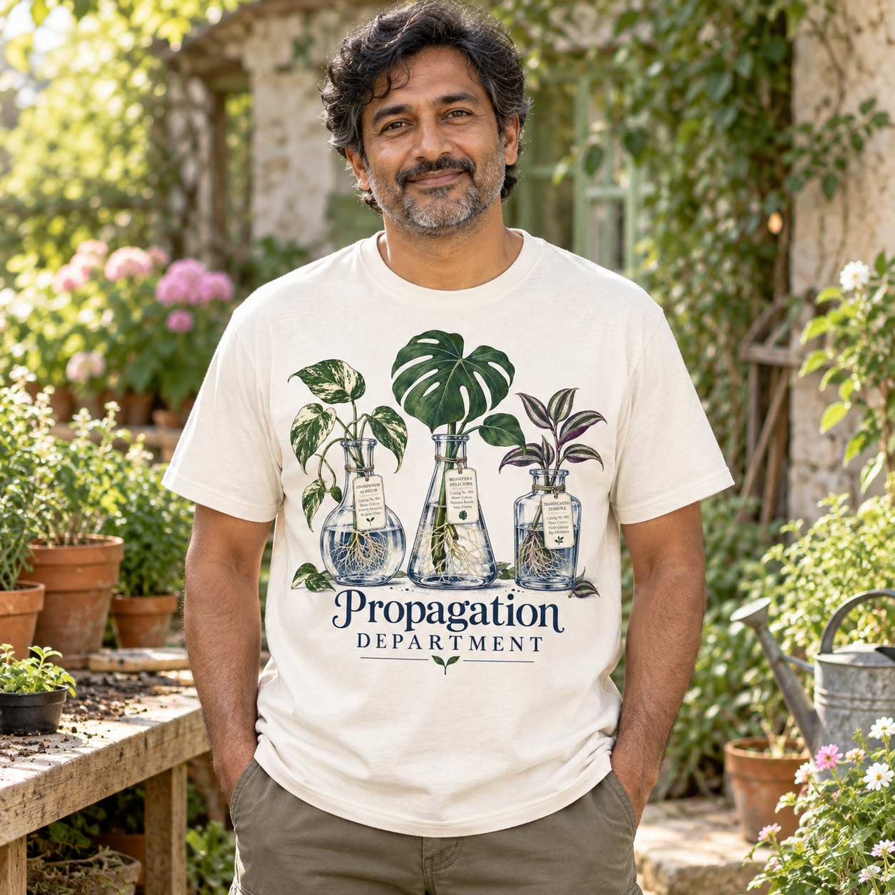 AI-generated adult gardener wearing Propagation Department