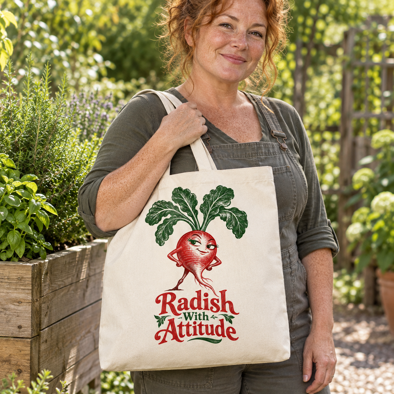 Illustrative AI-generated adult model carrying Radish With Attitude