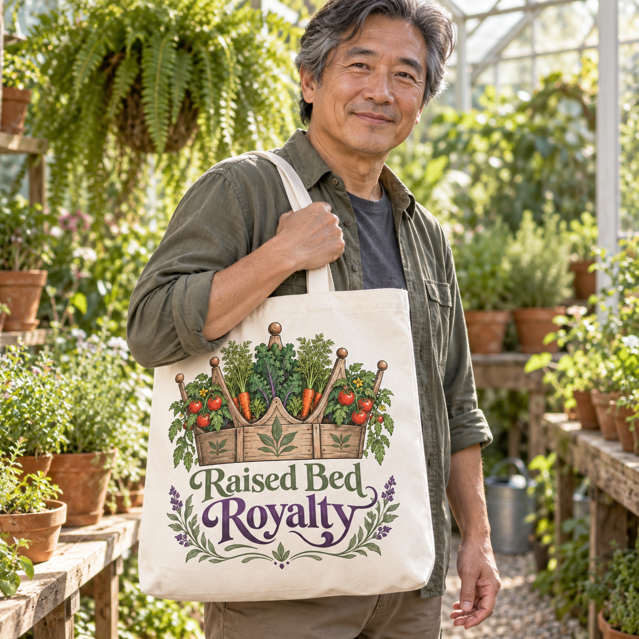 AI-generated adult gardener carrying Raised Bed Royalty