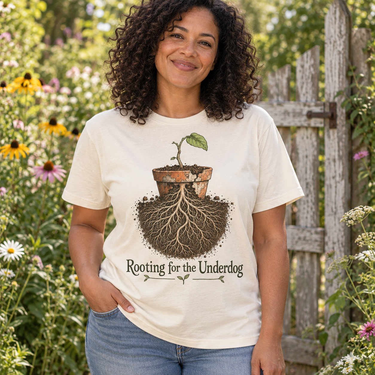 AI-generated adult gardener wearing Rooting for the Underdog