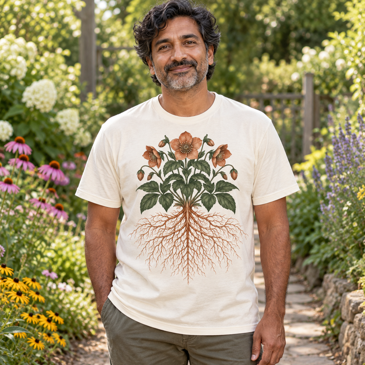 AI-generated adult gardener wearing Rootwork