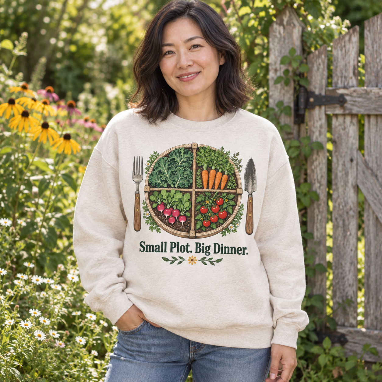 AI-generated adult gardener wearing Small Plot. Big Dinner.
