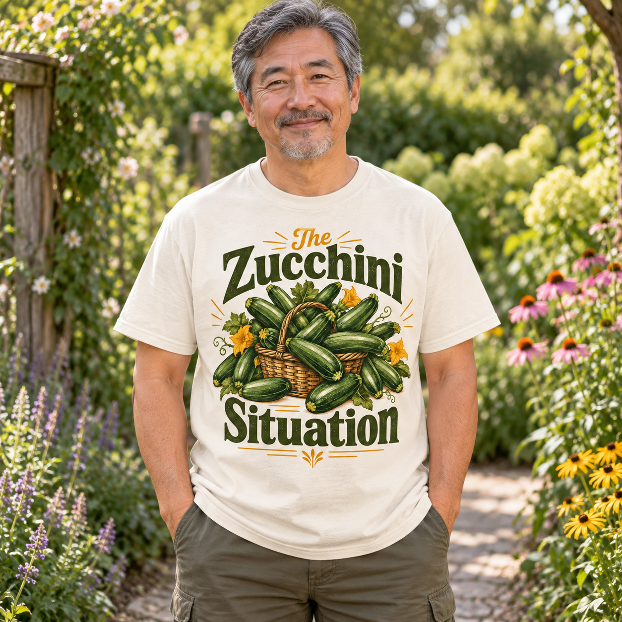 Illustrative AI-generated adult model wearing The Zucchini Situation