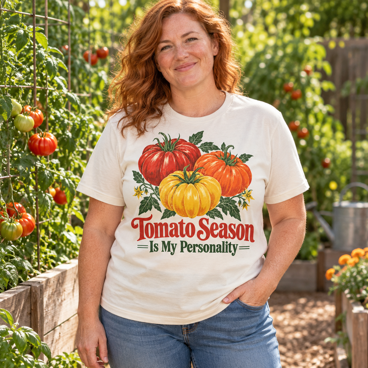 Illustrative AI-generated adult model wearing Tomato Season Is My Personality