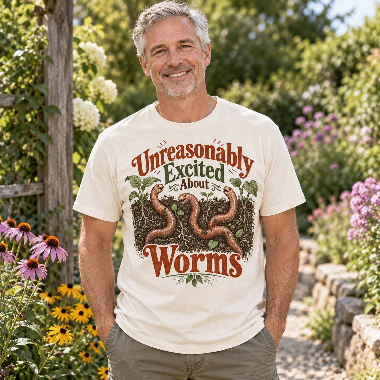 AI-generated adult gardener wearing Unreasonably Excited About Worms