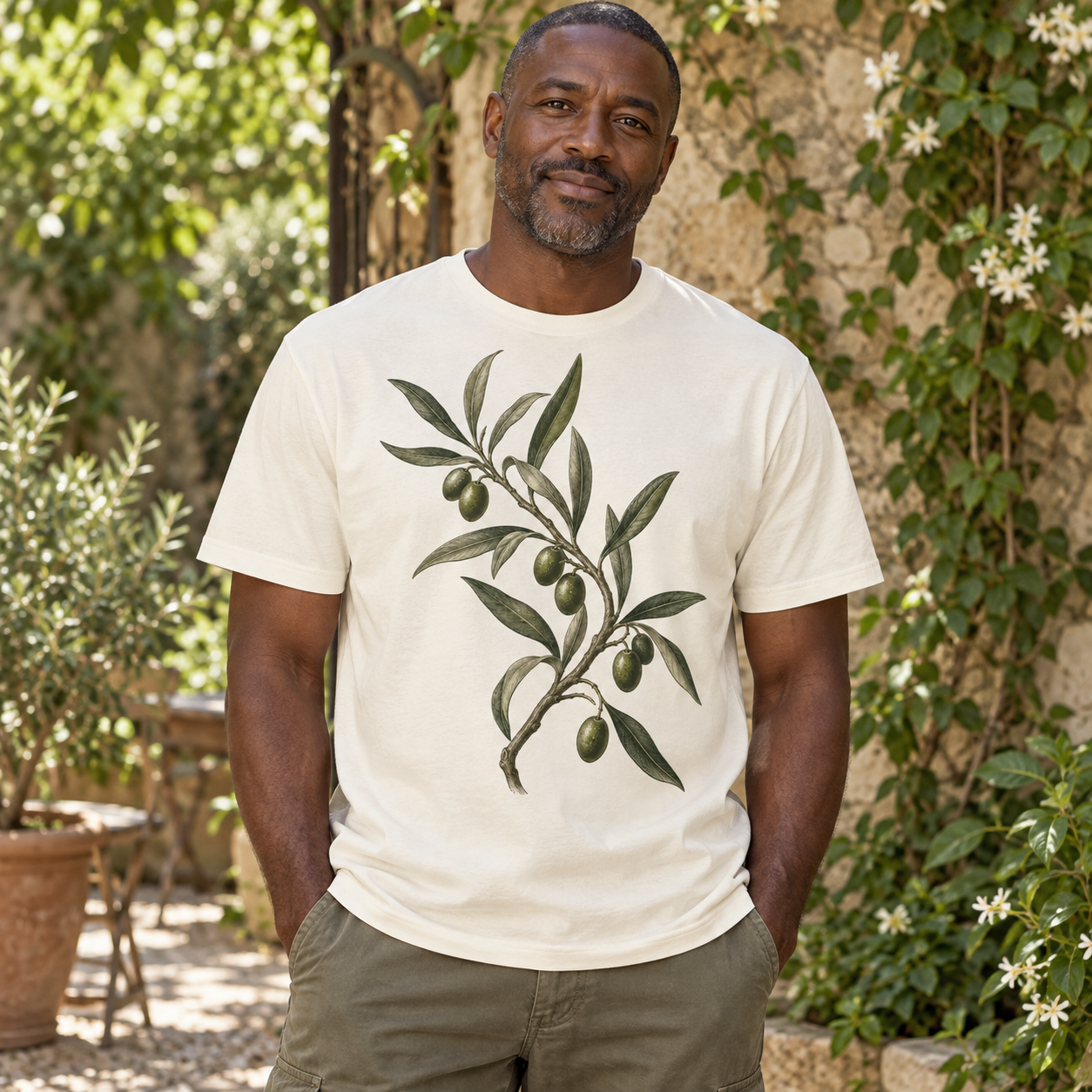 AI-generated adult gardener wearing Wild Olive